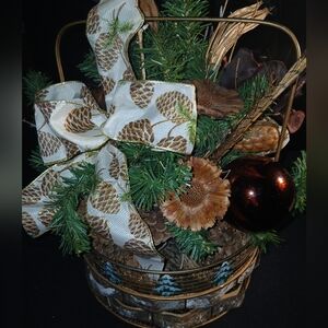 Christmas Festive Centerpiece Basket with Pinecones, Greenery, Florals, and Bows